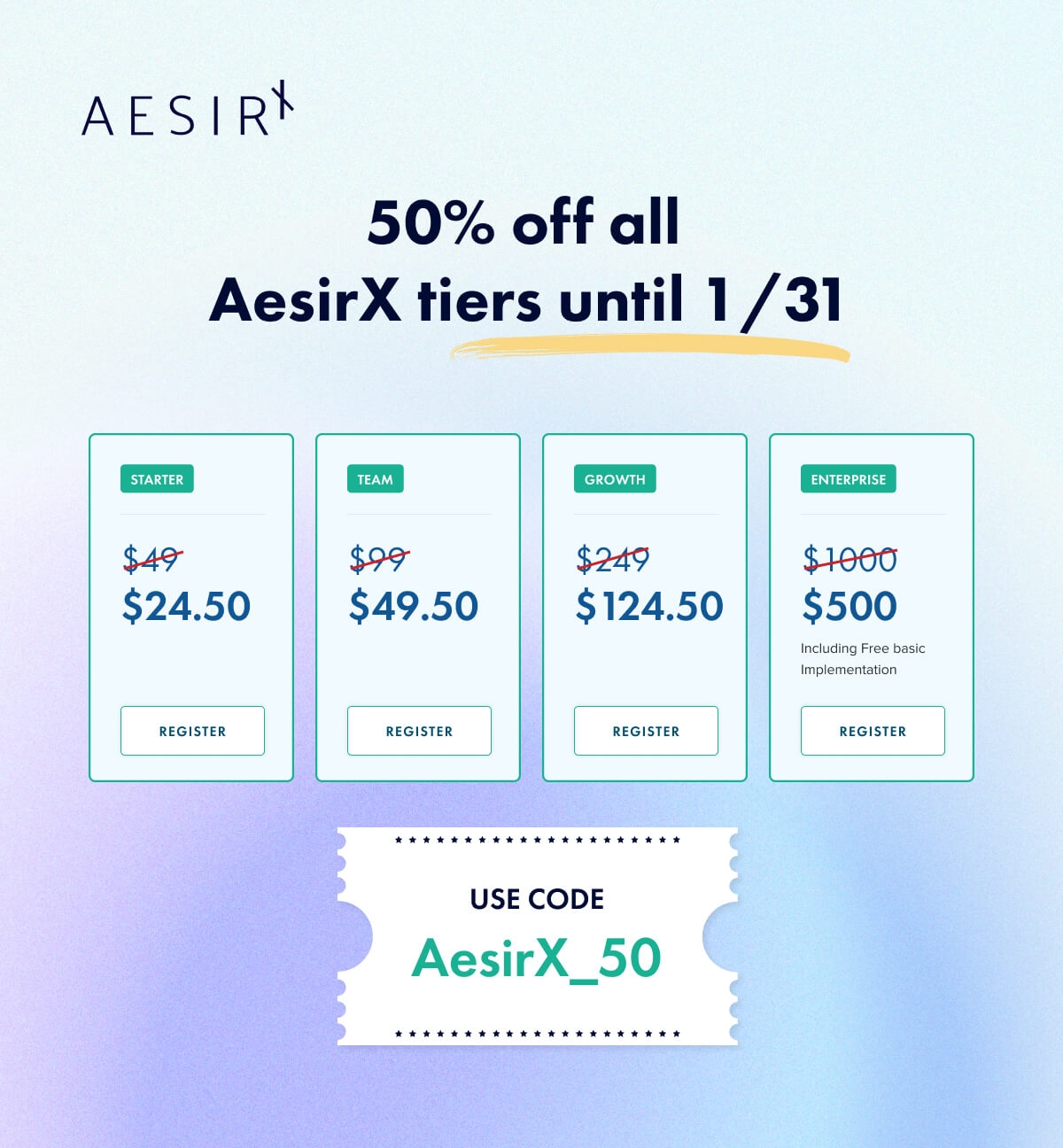 50 off all aesirx tiers until 1 31