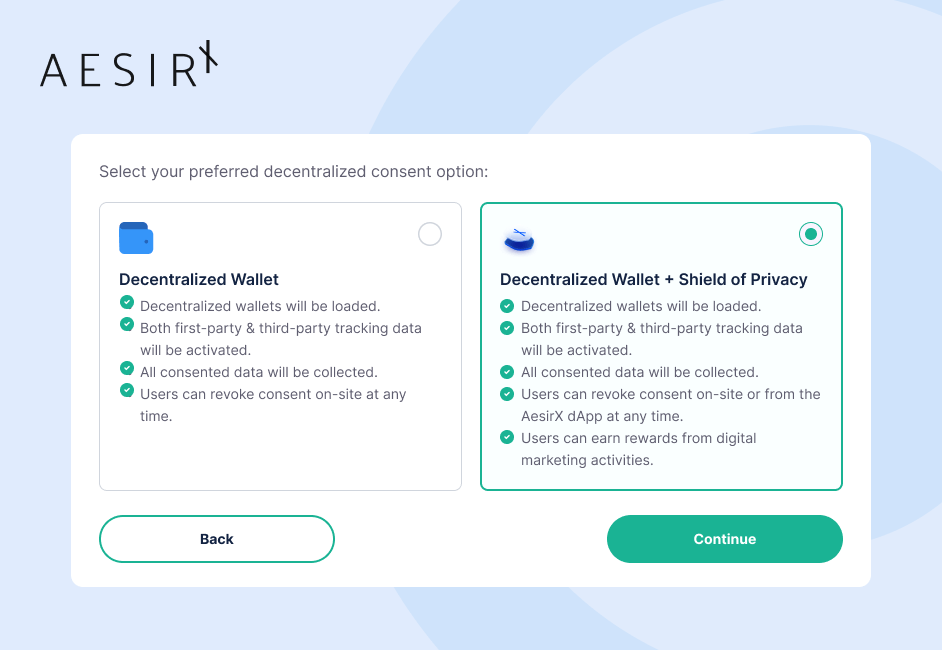 aesirxs user consent model decentralized consent options