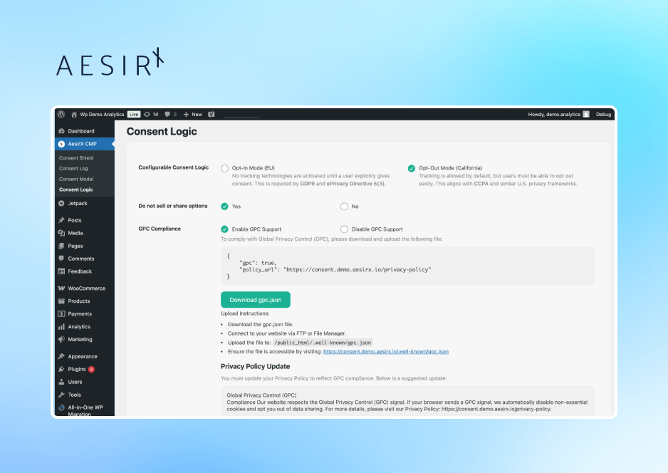 AesirX CMP: Configurable Consent Logic: Opt-In / Opt-Out Control