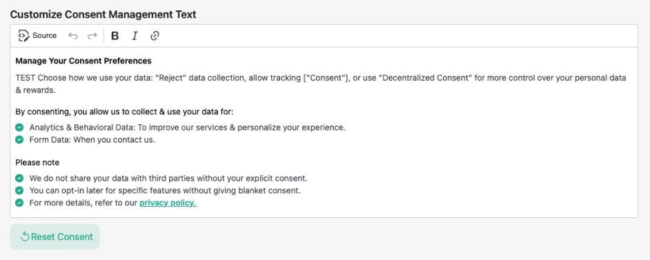 Customize Consent ManagementTab Text