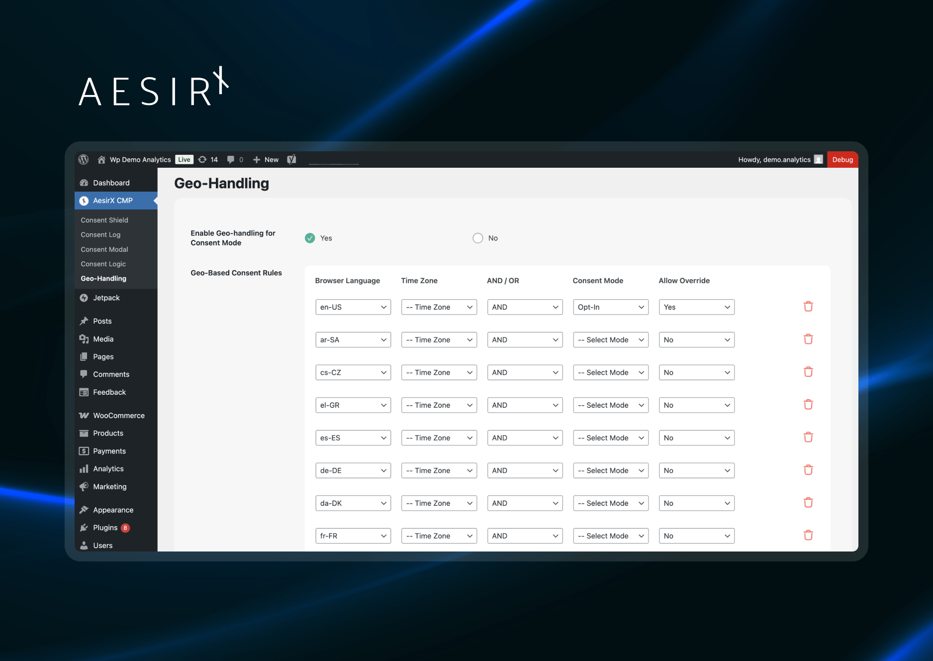 aesirx cmp language configuration and time zone aware consent