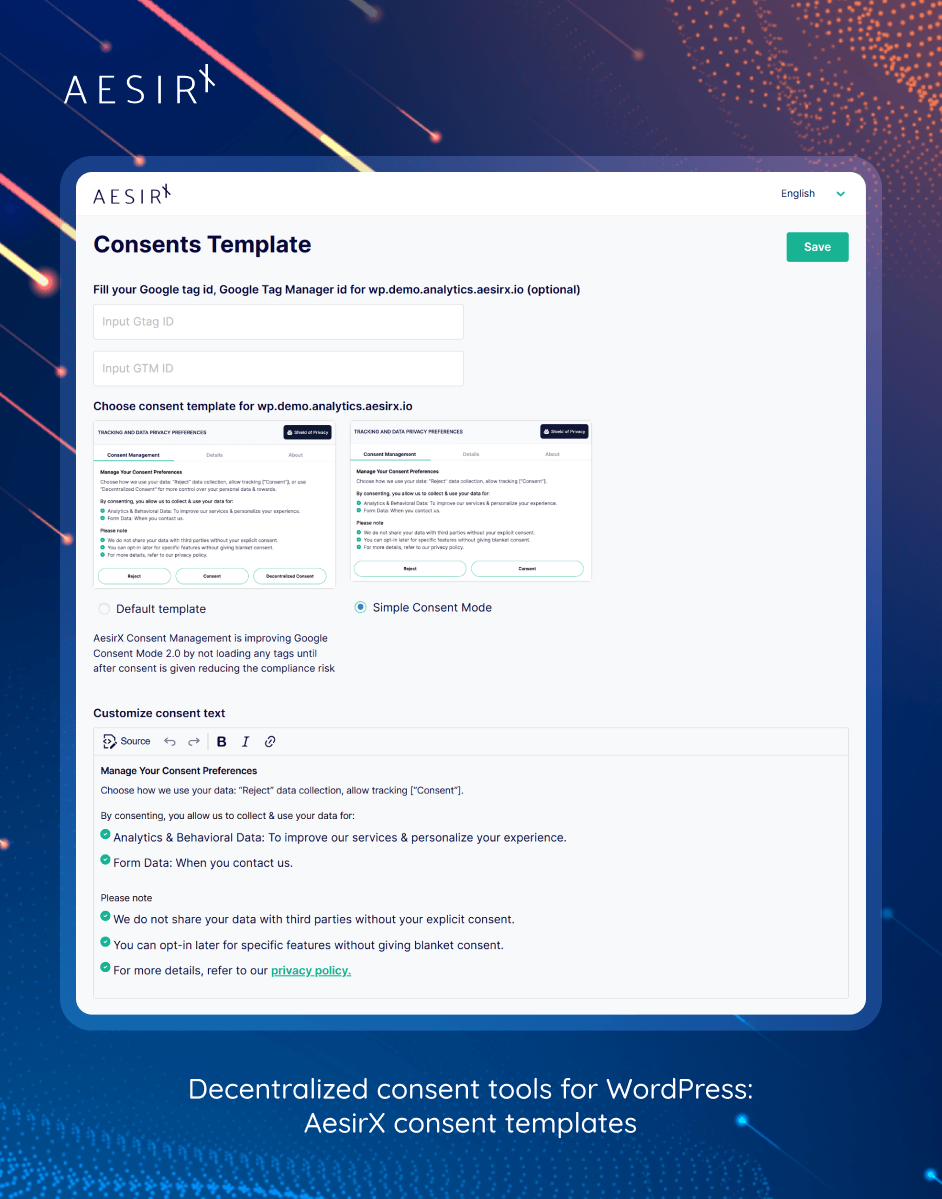 decentralized consent tools for wordpress aesirx consent templates