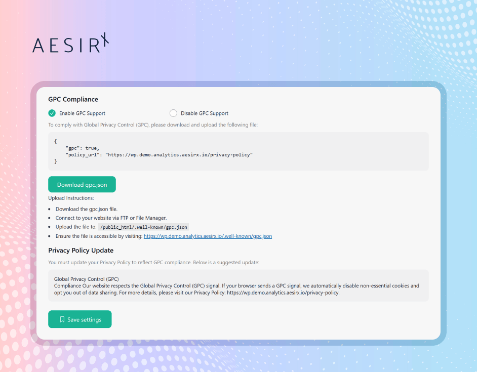 aesirx cmp new gpc compliance settings page