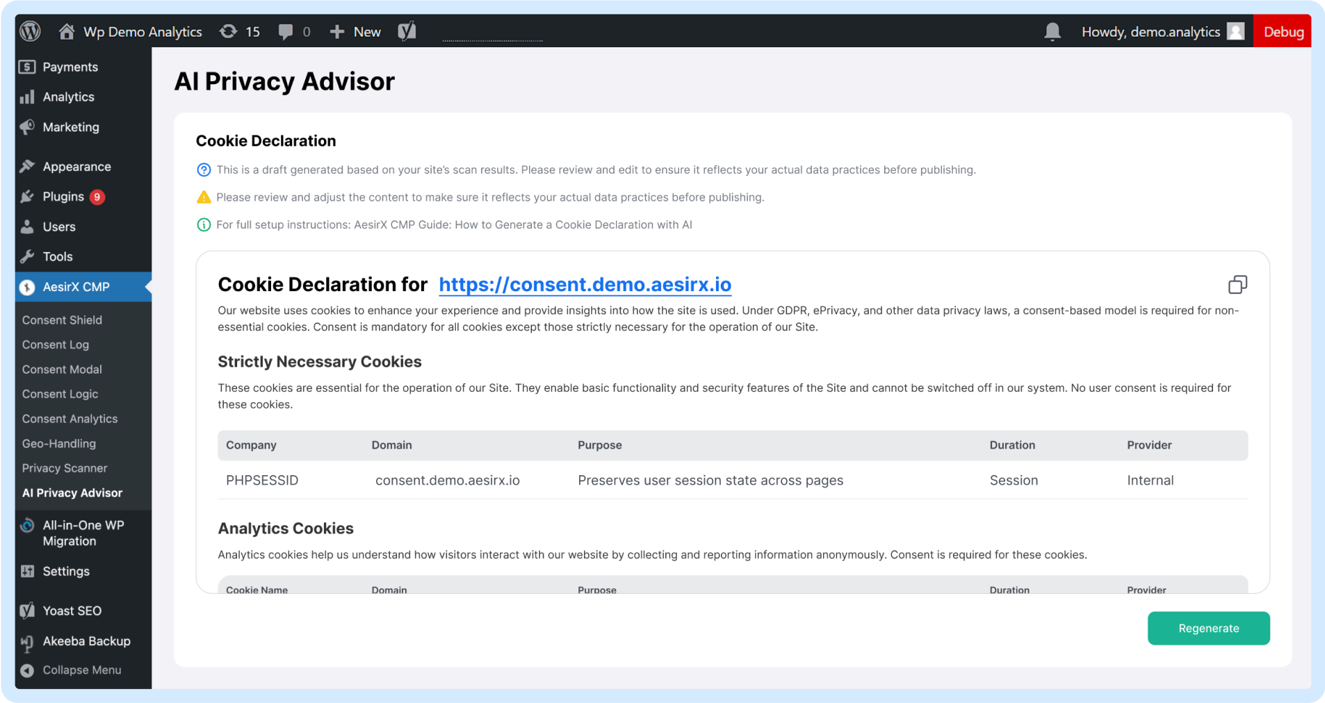 how to create a cookie declaration using aesirx cmp ai tool