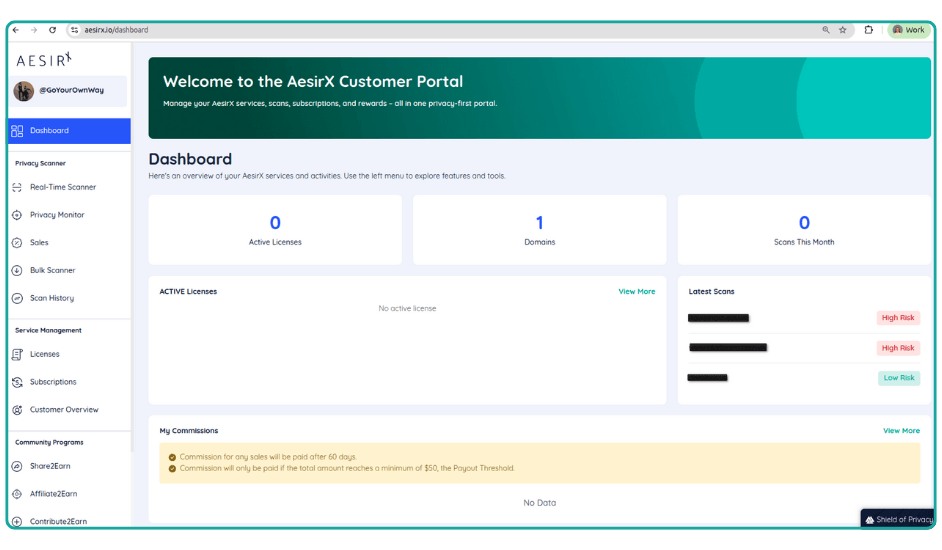 navigation in the aesirx customer portal