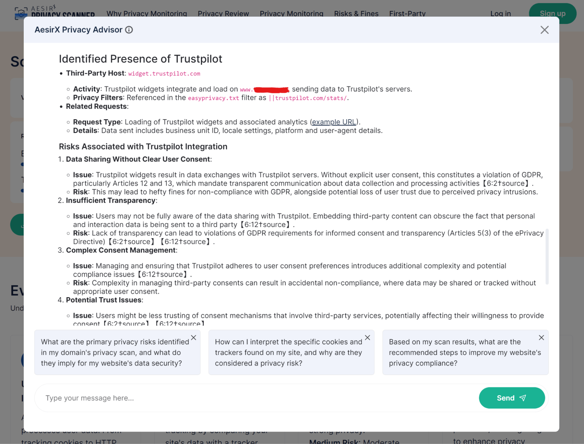 screenshot from privacyscanneraesirxio and interaction with the privacy advisor ai