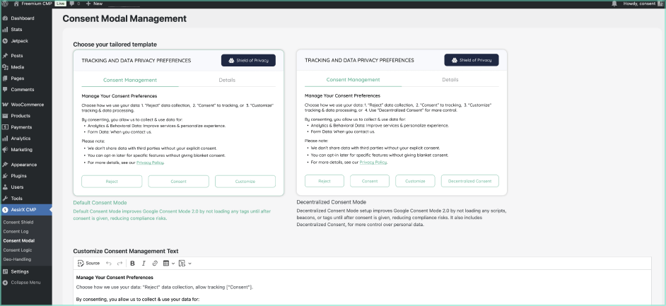 cmp freemium wp consent modal