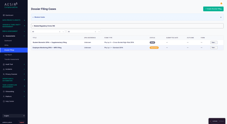 Dossier Filing with Form Selection